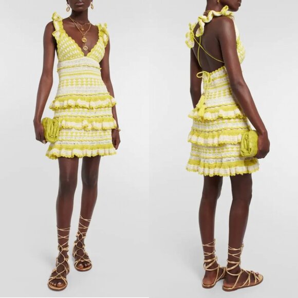 Zimmermann Dresses & Skirts - $795 NWT Zimmermann Yellow White Crochet Halcyon Frill Mini Dress sz 4/IT 40